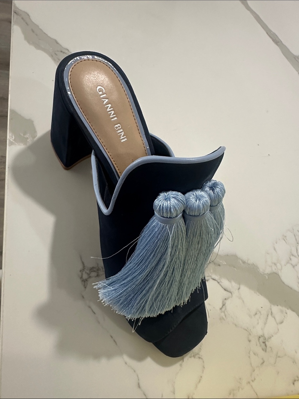 Gianni Bini Navy Mule with Pale Blue Tassel Embellishment
